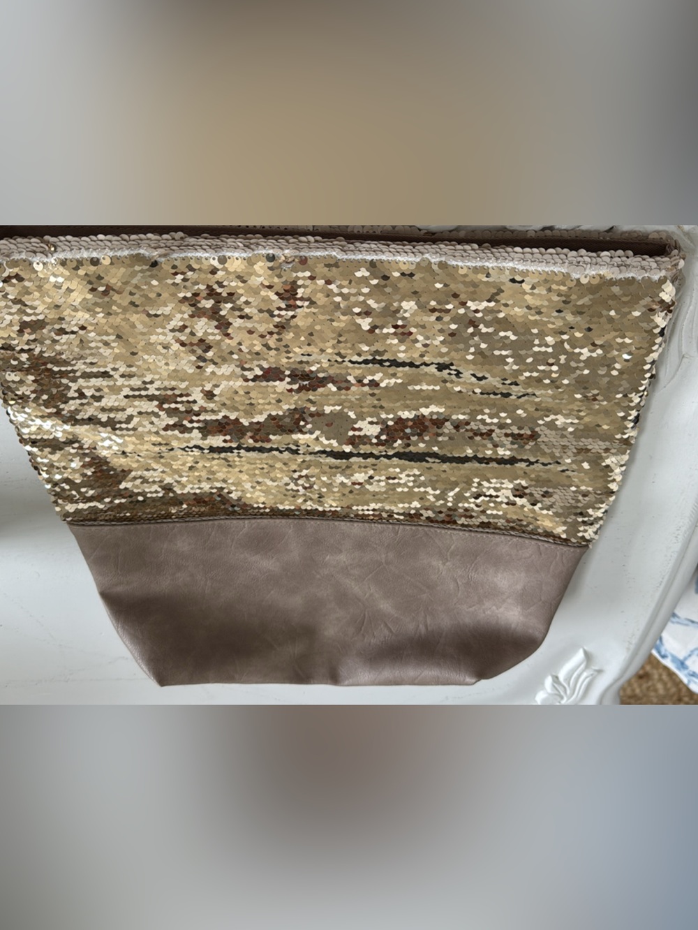 Anthropologie Clutch/Purse Large Taupe & Gold Reversible Sequin